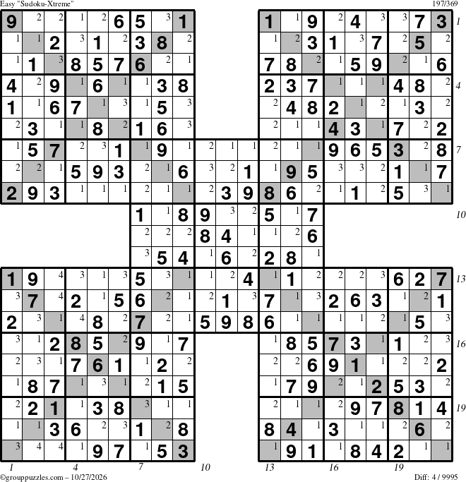 The grouppuzzles.com Easy Sudoku-Xtreme puzzle for Tuesday October 27, 2026, suitable for printing, with all 4 steps marked