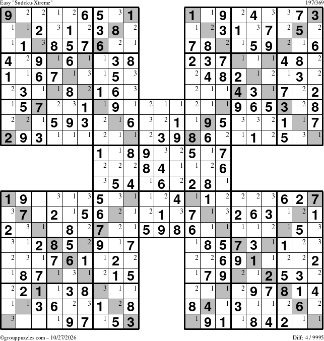 The grouppuzzles.com Easy Sudoku-Xtreme puzzle for Tuesday October 27, 2026 with the first 3 steps marked