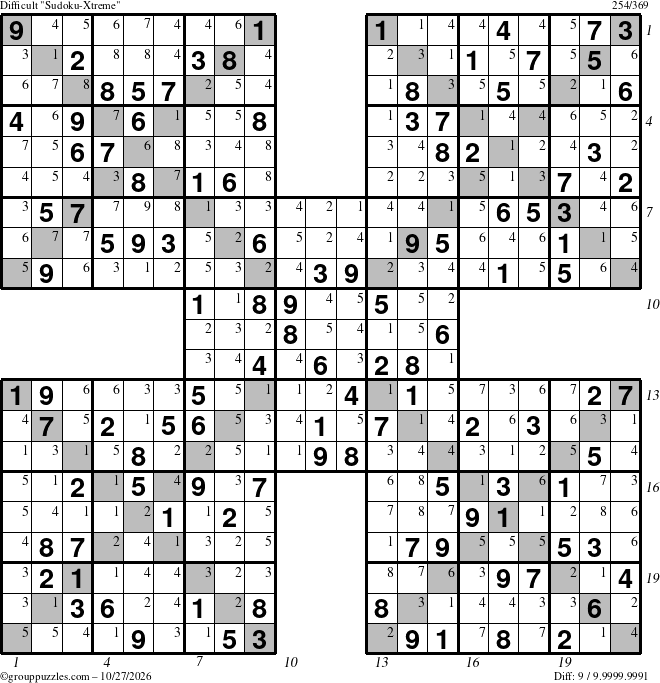 The grouppuzzles.com Difficult Sudoku-Xtreme puzzle for Tuesday October 27, 2026, suitable for printing, with all 9 steps marked