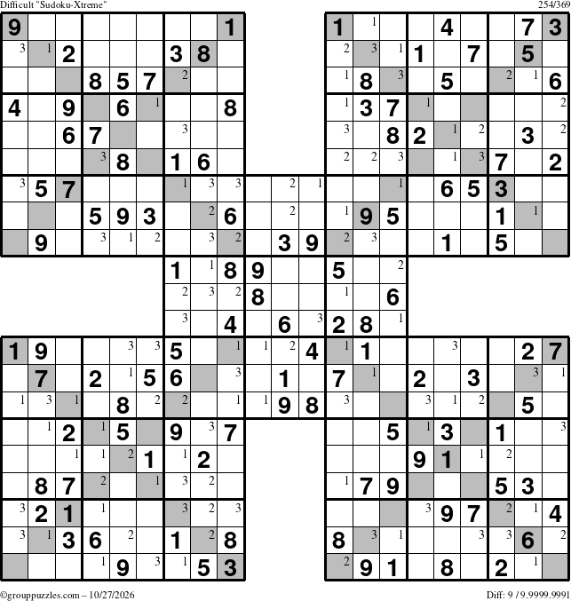 The grouppuzzles.com Difficult Sudoku-Xtreme puzzle for Tuesday October 27, 2026 with the first 3 steps marked