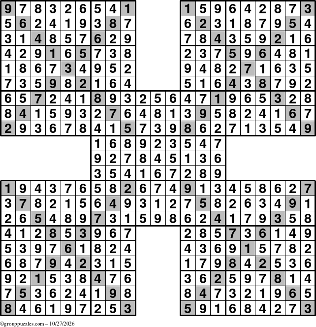 The grouppuzzles.com Answer grid for the Sudoku-Xtreme puzzle for Tuesday October 27, 2026