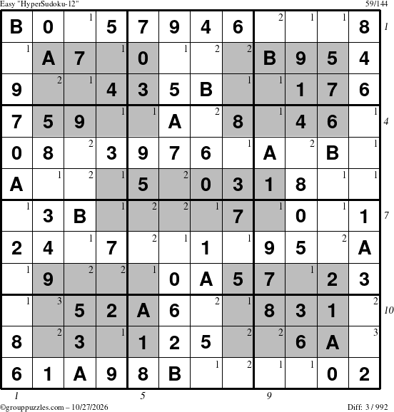 The grouppuzzles.com Easy HyperSudoku-12 puzzle for Tuesday October 27, 2026 with all 3 steps marked