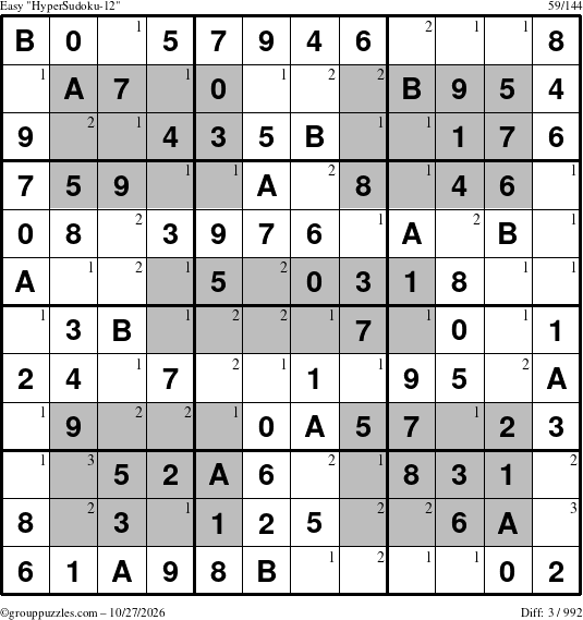 The grouppuzzles.com Easy HyperSudoku-12 puzzle for Tuesday October 27, 2026 with the first 3 steps marked