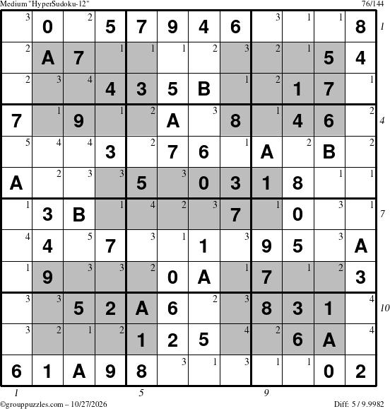 The grouppuzzles.com Medium HyperSudoku-12 puzzle for Tuesday October 27, 2026 with all 5 steps marked