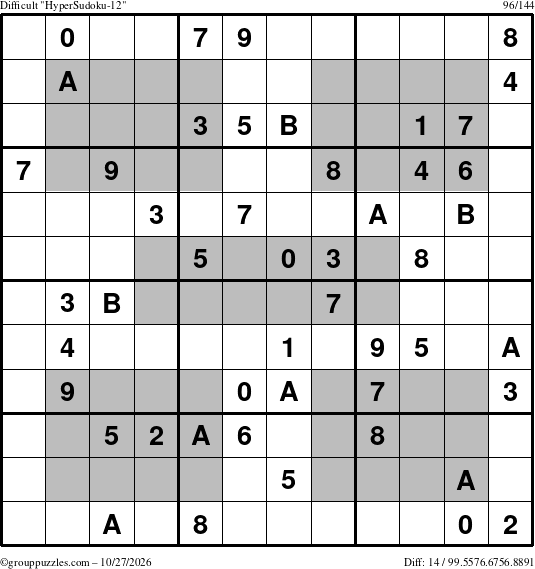 The grouppuzzles.com Difficult HyperSudoku-12 puzzle for Tuesday October 27, 2026