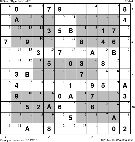 The grouppuzzles.com Difficult HyperSudoku-12 puzzle for Tuesday October 27, 2026, suitable for printing, with all 14 steps marked
