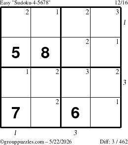 The grouppuzzles.com Easy Sudoku-4-5678 puzzle for Friday May 22, 2026, suitable for printing, with all 3 steps marked