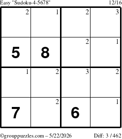 The grouppuzzles.com Easy Sudoku-4-5678 puzzle for Friday May 22, 2026 with the first 3 steps marked