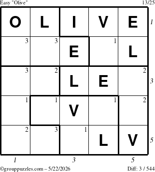 The grouppuzzles.com Easy Olive puzzle for Friday May 22, 2026, suitable for printing, with all 3 steps marked