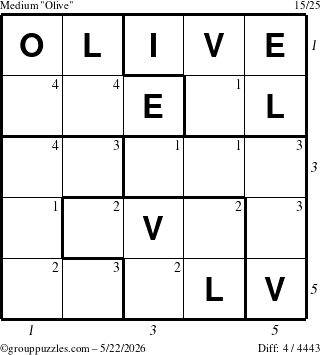 The grouppuzzles.com Medium Olive puzzle for Friday May 22, 2026, suitable for printing, with all 4 steps marked