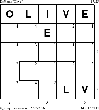 The grouppuzzles.com Difficult Olive puzzle for Friday May 22, 2026 with all 4 steps marked