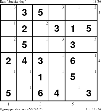 The grouppuzzles.com Easy Sudoku-6up puzzle for Friday May 22, 2026 with all 3 steps marked