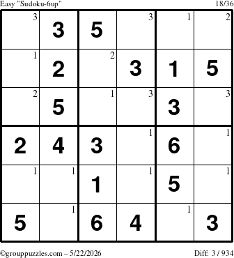 The grouppuzzles.com Easy Sudoku-6up puzzle for Friday May 22, 2026 with the first 3 steps marked