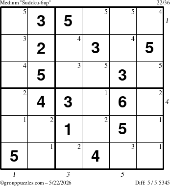 The grouppuzzles.com Medium Sudoku-6up puzzle for Friday May 22, 2026, suitable for printing, with all 5 steps marked