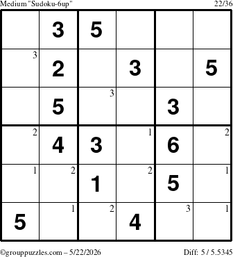 The grouppuzzles.com Medium Sudoku-6up puzzle for Friday May 22, 2026 with the first 3 steps marked