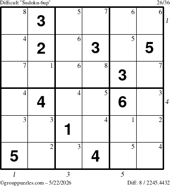 The grouppuzzles.com Difficult Sudoku-6up puzzle for Friday May 22, 2026 with all 8 steps marked
