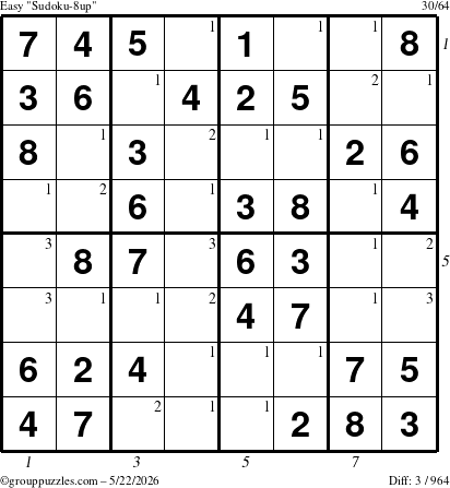 The grouppuzzles.com Easy Sudoku-8up puzzle for Friday May 22, 2026, suitable for printing, with all 3 steps marked