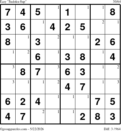 The grouppuzzles.com Easy Sudoku-8up puzzle for Friday May 22, 2026 with the first 3 steps marked