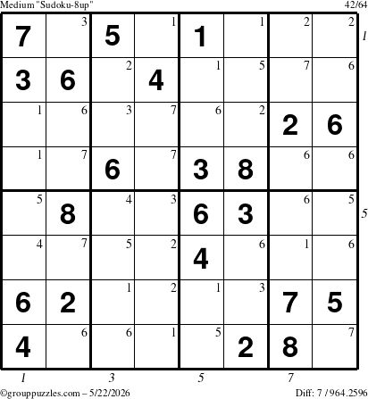 The grouppuzzles.com Medium Sudoku-8up puzzle for Friday May 22, 2026, suitable for printing, with all 7 steps marked