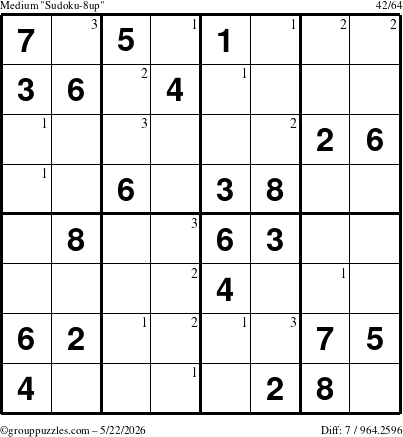 The grouppuzzles.com Medium Sudoku-8up puzzle for Friday May 22, 2026 with the first 3 steps marked