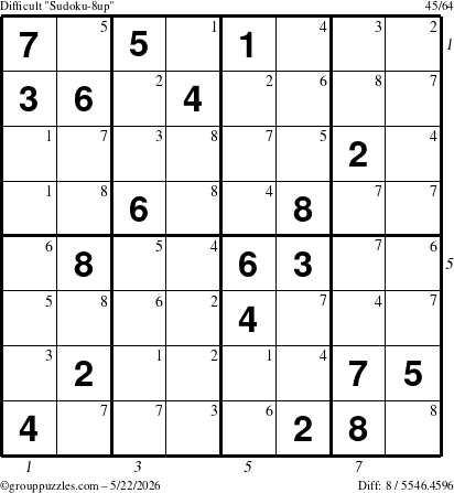 The grouppuzzles.com Difficult Sudoku-8up puzzle for Friday May 22, 2026, suitable for printing, with all 8 steps marked