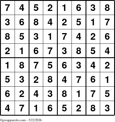 The grouppuzzles.com Answer grid for the Sudoku-8up puzzle for Friday May 22, 2026
