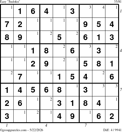 The grouppuzzles.com Easy Sudoku puzzle for Friday May 22, 2026 with all 4 steps marked