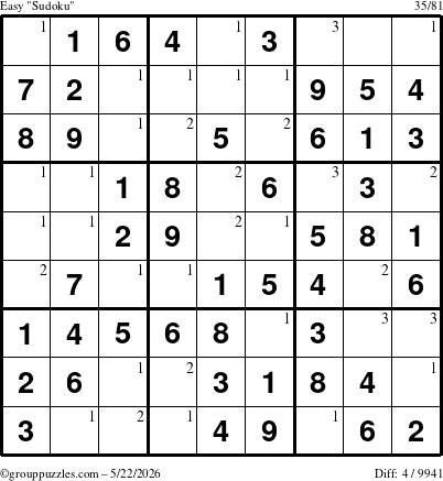 The grouppuzzles.com Easy Sudoku puzzle for Friday May 22, 2026 with the first 3 steps marked