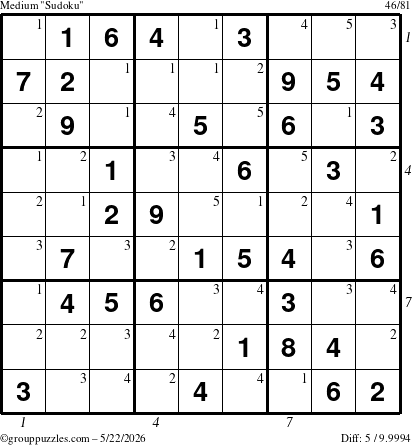 The grouppuzzles.com Medium Sudoku puzzle for Friday May 22, 2026, suitable for printing, with all 5 steps marked