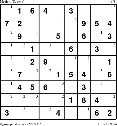 The grouppuzzles.com Medium Sudoku puzzle for Friday May 22, 2026 with the first 3 steps marked