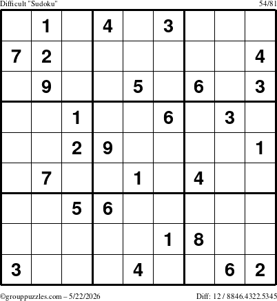 The grouppuzzles.com Difficult Sudoku puzzle for Friday May 22, 2026