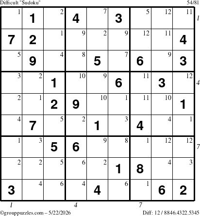 The grouppuzzles.com Difficult Sudoku puzzle for Friday May 22, 2026, suitable for printing, with all 12 steps marked