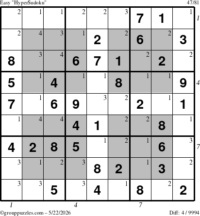 The grouppuzzles.com Easy HyperSudoku puzzle for Friday May 22, 2026 with all 4 steps marked