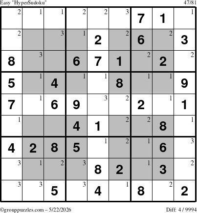 The grouppuzzles.com Easy HyperSudoku puzzle for Friday May 22, 2026 with the first 3 steps marked