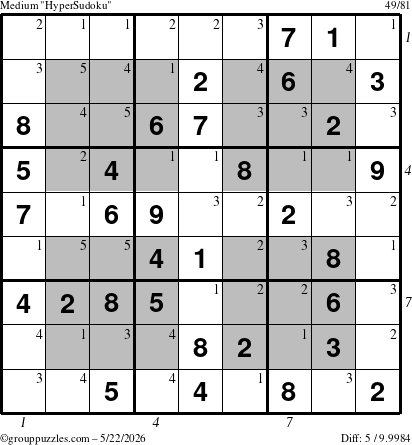 The grouppuzzles.com Medium HyperSudoku puzzle for Friday May 22, 2026, suitable for printing, with all 5 steps marked