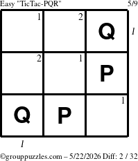 The grouppuzzles.com Easy TicTac-PQR puzzle for Friday May 22, 2026, suitable for printing, with all 2 steps marked