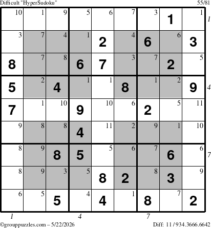 The grouppuzzles.com Difficult HyperSudoku puzzle for Friday May 22, 2026 with all 11 steps marked