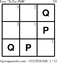 The grouppuzzles.com Easy TicTac-PQR puzzle for Friday May 22, 2026 with the first 2 steps marked