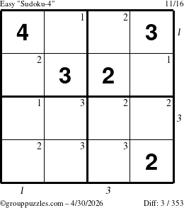 The grouppuzzles.com Easy Sudoku-4 puzzle for Thursday April 30, 2026, suitable for printing, with all 3 steps marked