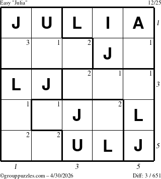 The grouppuzzles.com Easy Julia puzzle for Thursday April 30, 2026 with all 3 steps marked