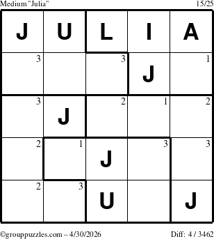 The grouppuzzles.com Medium Julia puzzle for Thursday April 30, 2026 with the first 3 steps marked