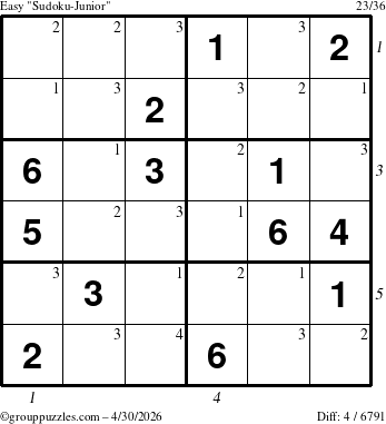 The grouppuzzles.com Easy Sudoku-Junior puzzle for Thursday April 30, 2026, suitable for printing, with all 4 steps marked