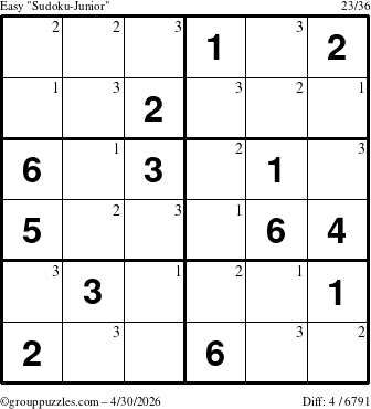 The grouppuzzles.com Easy Sudoku-Junior puzzle for Thursday April 30, 2026 with the first 3 steps marked