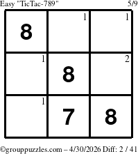 The grouppuzzles.com Easy TicTac-789 puzzle for Thursday April 30, 2026 with the first 2 steps marked