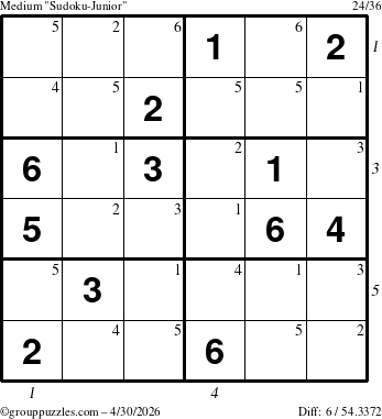 The grouppuzzles.com Medium Sudoku-Junior puzzle for Thursday April 30, 2026, suitable for printing, with all 6 steps marked