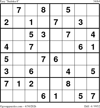 The grouppuzzles.com Easy Sudoku-8 puzzle for Thursday April 30, 2026