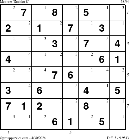 The grouppuzzles.com Medium Sudoku-8 puzzle for Thursday April 30, 2026, suitable for printing, with all 5 steps marked