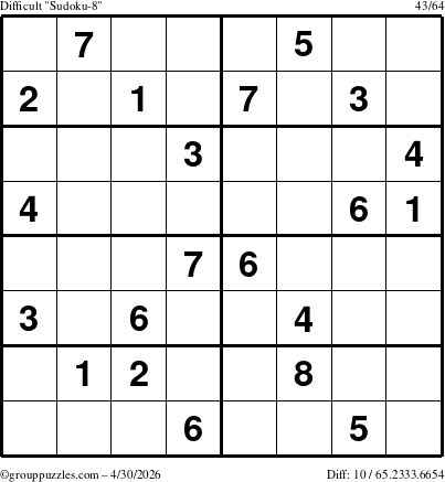 The grouppuzzles.com Difficult Sudoku-8 puzzle for Thursday April 30, 2026