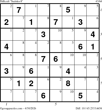 The grouppuzzles.com Difficult Sudoku-8 puzzle for Thursday April 30, 2026 with all 10 steps marked