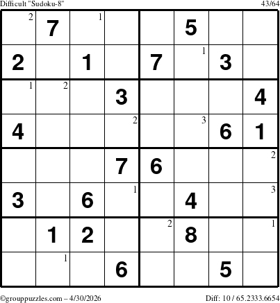 The grouppuzzles.com Difficult Sudoku-8 puzzle for Thursday April 30, 2026 with the first 3 steps marked